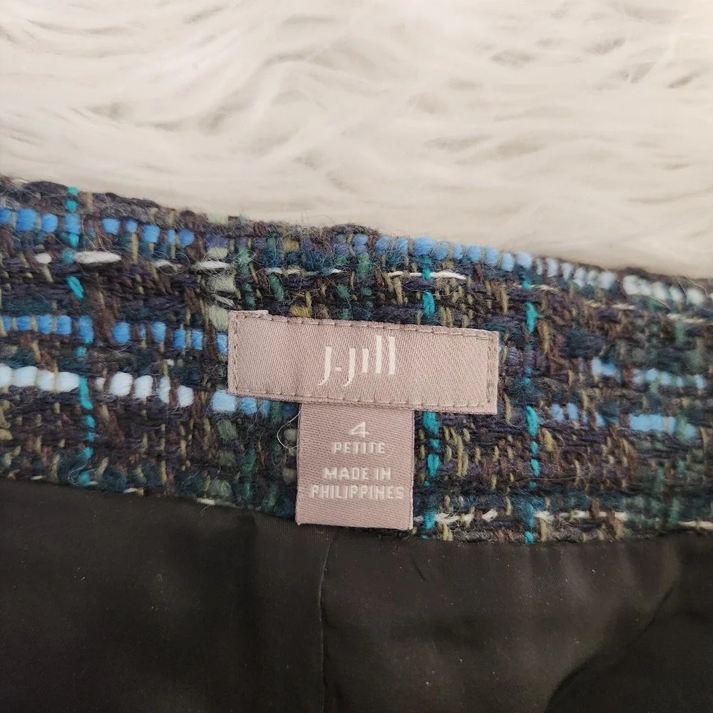 J. Jill Tweed Skirt 4 Petite Pencil Mini‎ Knee Lined Heather Blue Office Work